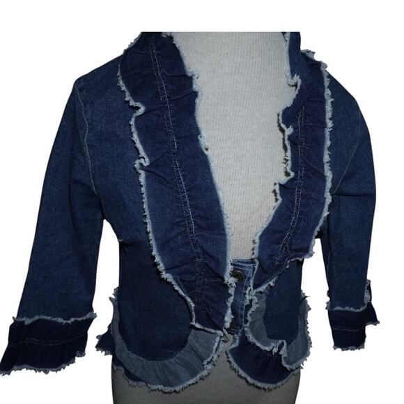 Pewter 90s Y2K Denim Cropped Ruffle Blazer Jacket Women’s M J.Lo Streetwear - Picture 3 of 13